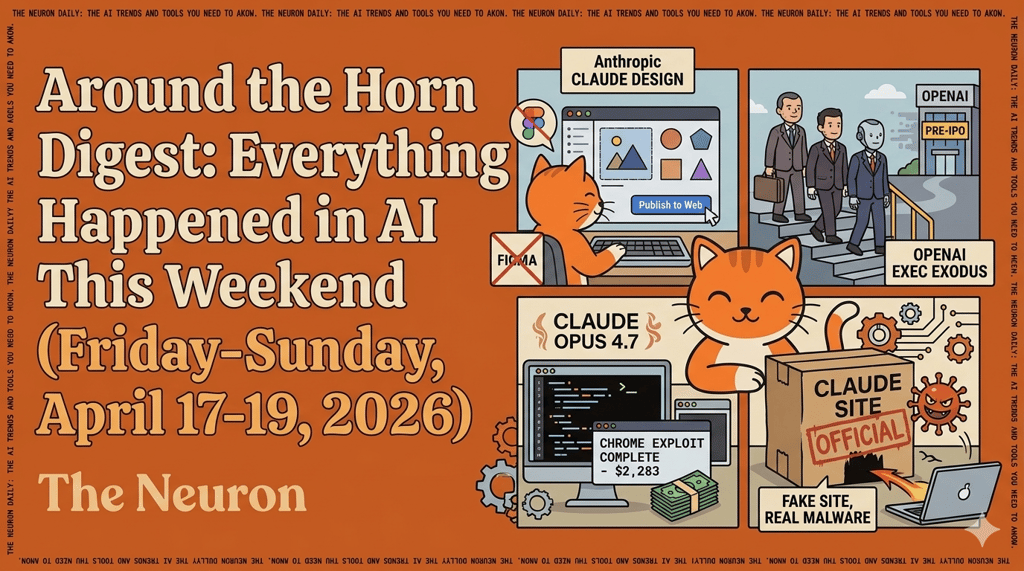 Make the text say: "Around the Horn Digest: Everything That Happened in AI This Weekend (Friday-Sunday, April 17-19, 2026)"     Use these story ideas as inspiration for the graphics: Anthropic shipped Claude Design (the Figma competitor everyone saw coming), three senior OpenAI execs announced they're leaving pre-IPO, Claude Opus 4.7 wrote a working Chrome exploit for $2,283, and a fake Claude site started installing malware while everyone was watching the product launches. The Neuron