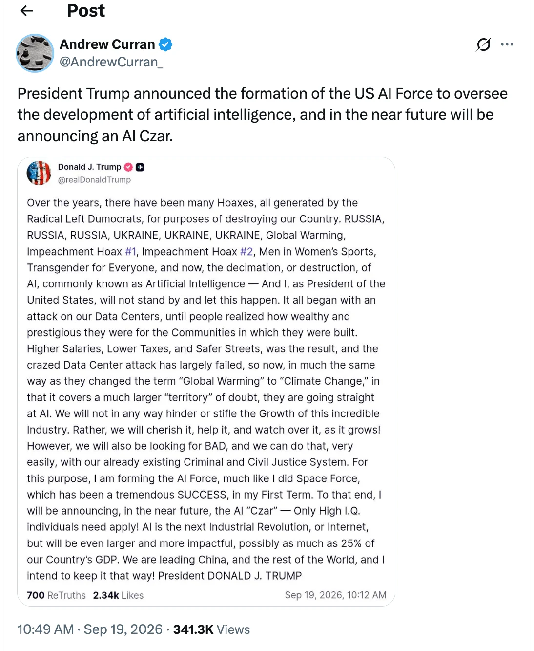 Trump's AI Force Post